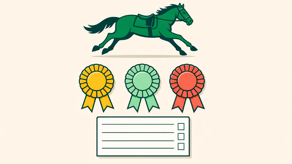 Galloping racehorse above three placing rosettes and a betting ticket, illustrating how to bet on horses