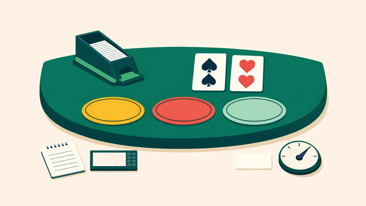 Card table with banker, player and tie spots, a card shoe and two cards, illustrating how to play baccarat