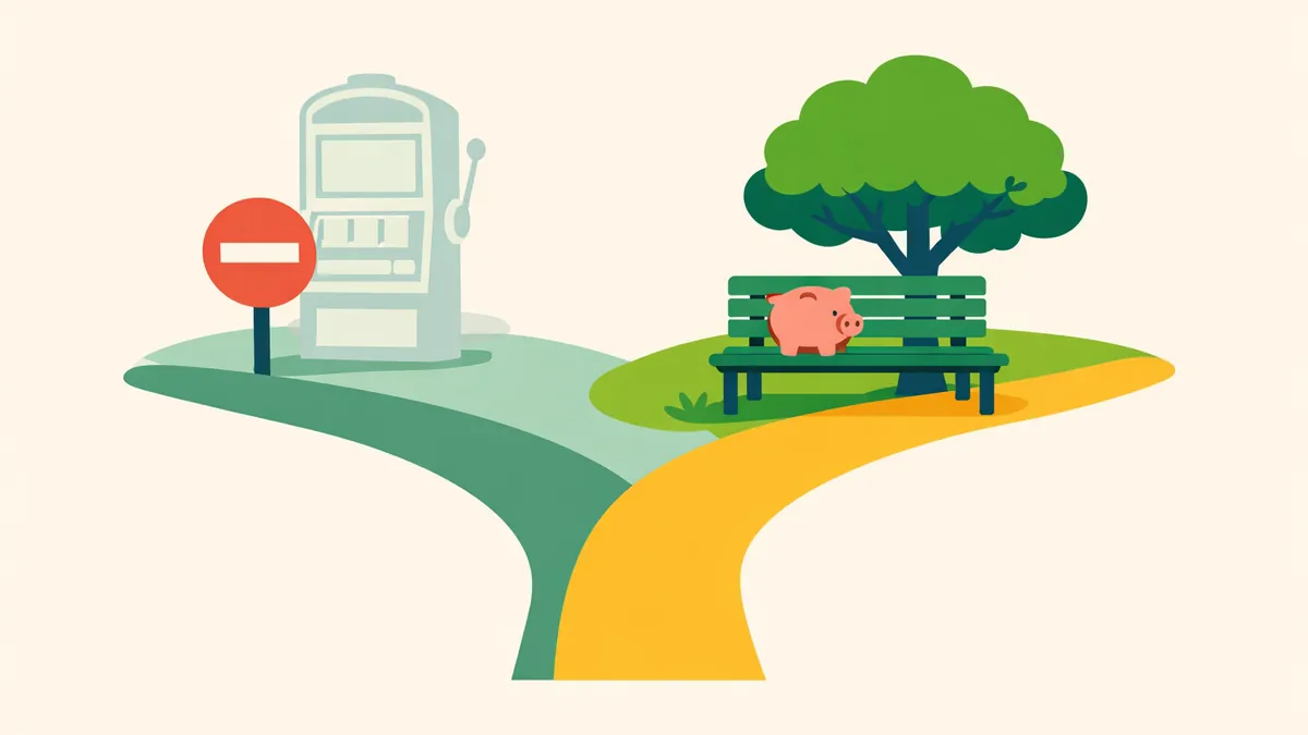 Path forking away from a pokie with a no entry sign toward a park bench, illustrating how to stop gambling