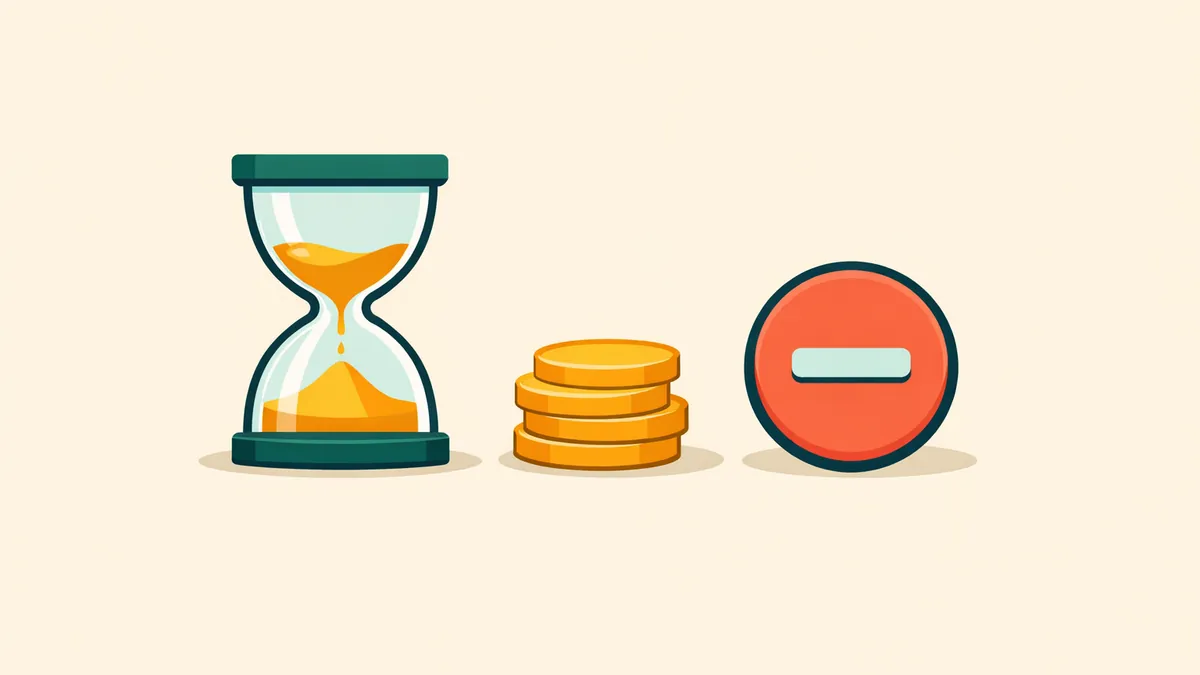 Hourglass running down beside coins and a minus sign: the house edge takes its share over time, whatever you play