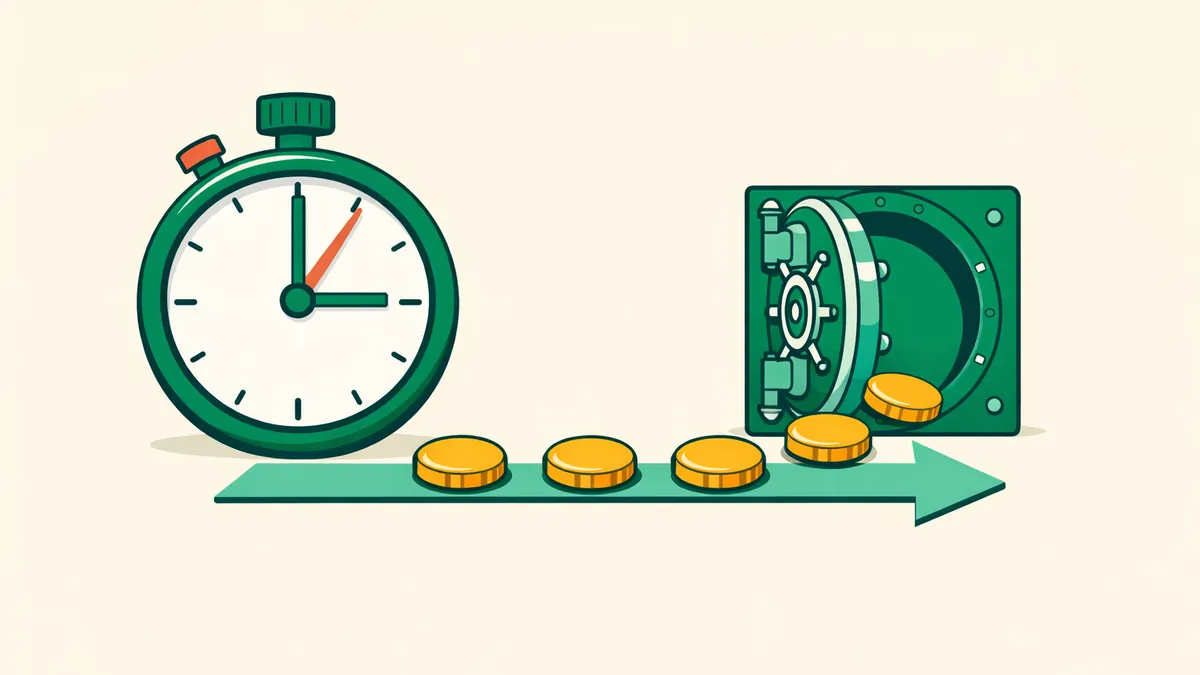 Stopwatch with coins streaming out of an open vault, illustrating fast and instant withdrawal casinos