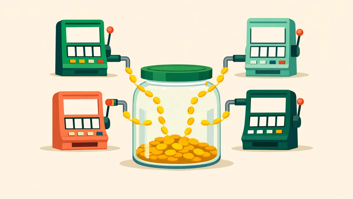 Four pokie machines piping a trickle of coins into one jar: jackpot pokies are funded by a slice of every bet