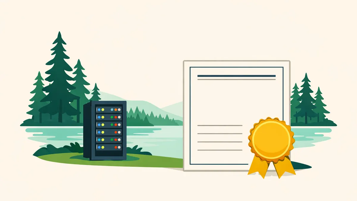River and pine trees with a server rack beside a sealed certificate, explaining the Kahnawake gaming licence