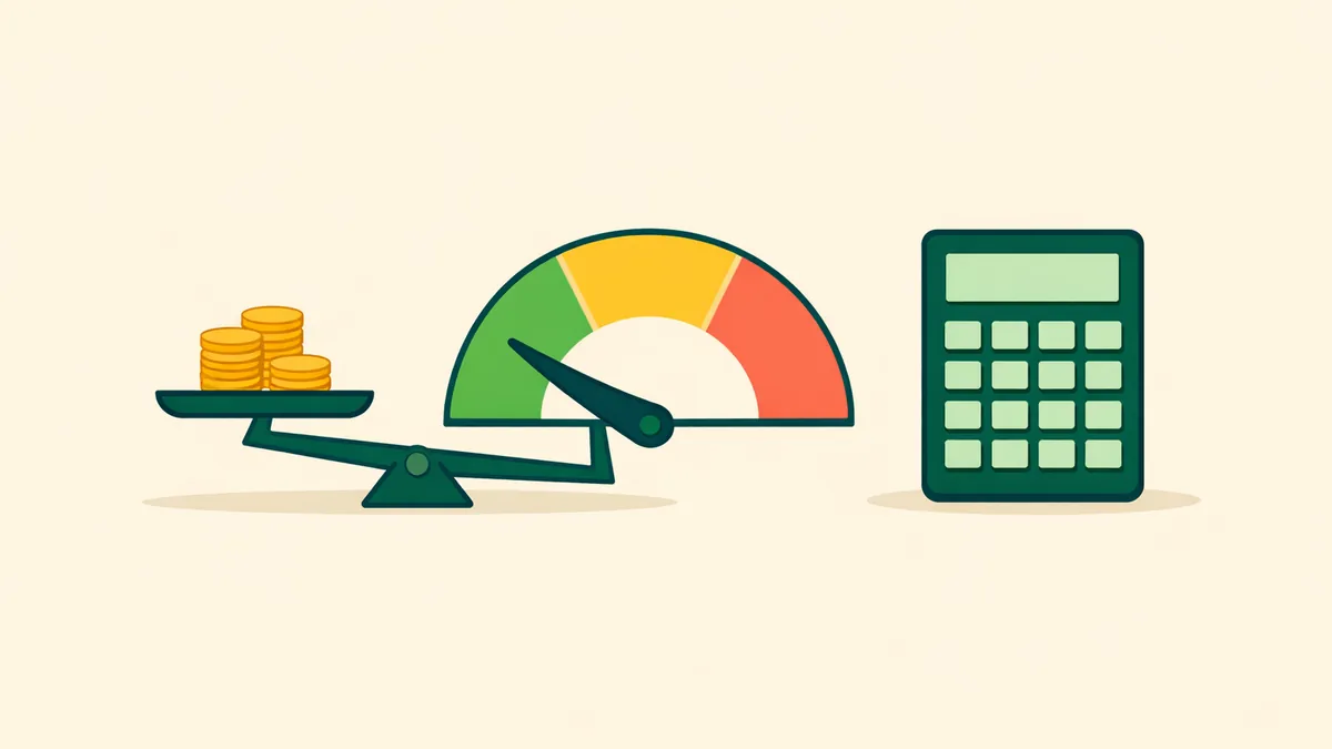 Balance with a small pile of coins, a gauge set low and a calculator, illustrating a Kelly criterion calculator