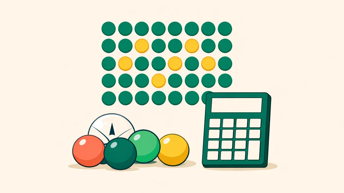 Grid of keno spots with some highlighted beside drawn balls and a calculator, illustrating how keno odds are worked out