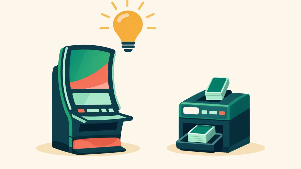 Curved screen pokie under a glowing light bulb beside a card shuffler, illustrating our Light and Wonder guide