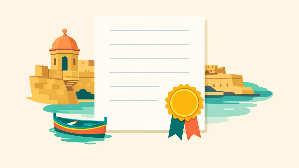 Limestone fortress by a harbour with a boat beside a sealed certificate, explaining the Malta gaming licence