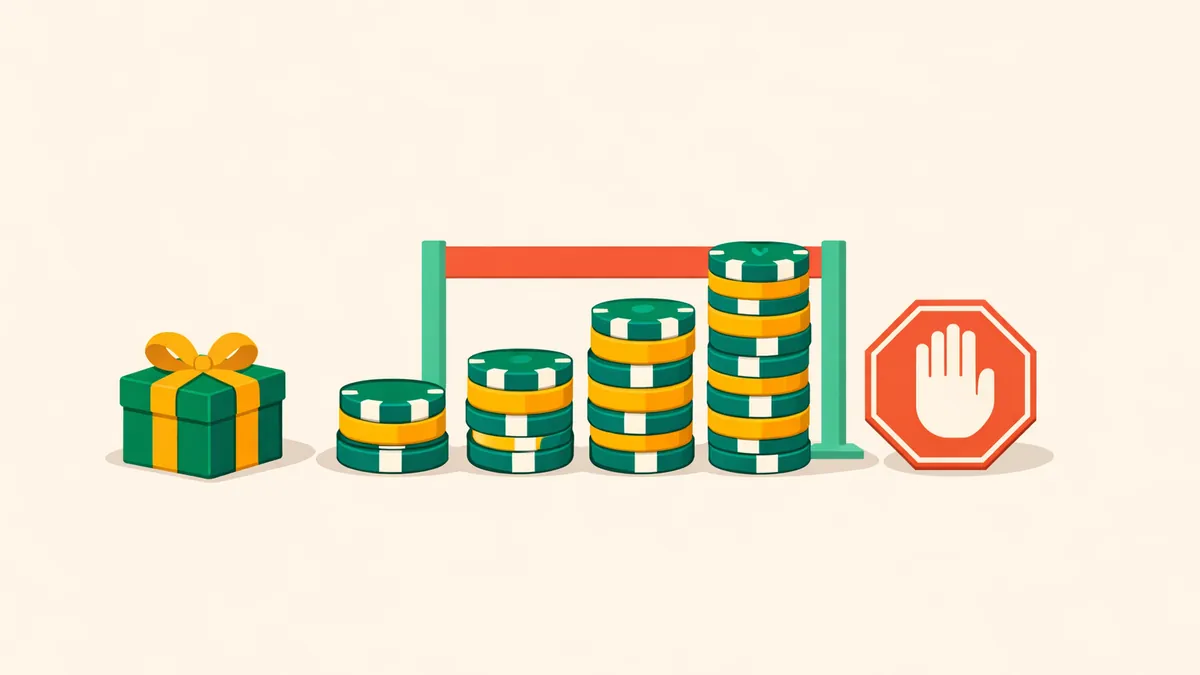 Chip stacks capped by a limit bar beside a stop sign and gift box, explaining the max bet rule on bonuses