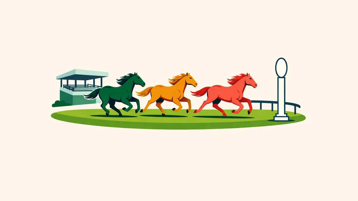 Three riderless racehorses galloping past the grandstand towards the winning post, illustrating Melbourne Cup betting
