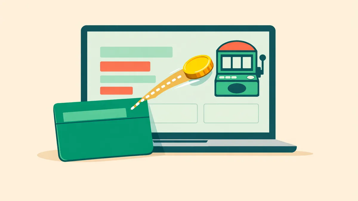 Laptop wallet dashboard with a card sending a coin to a pokie, illustrating Neteller casino payments