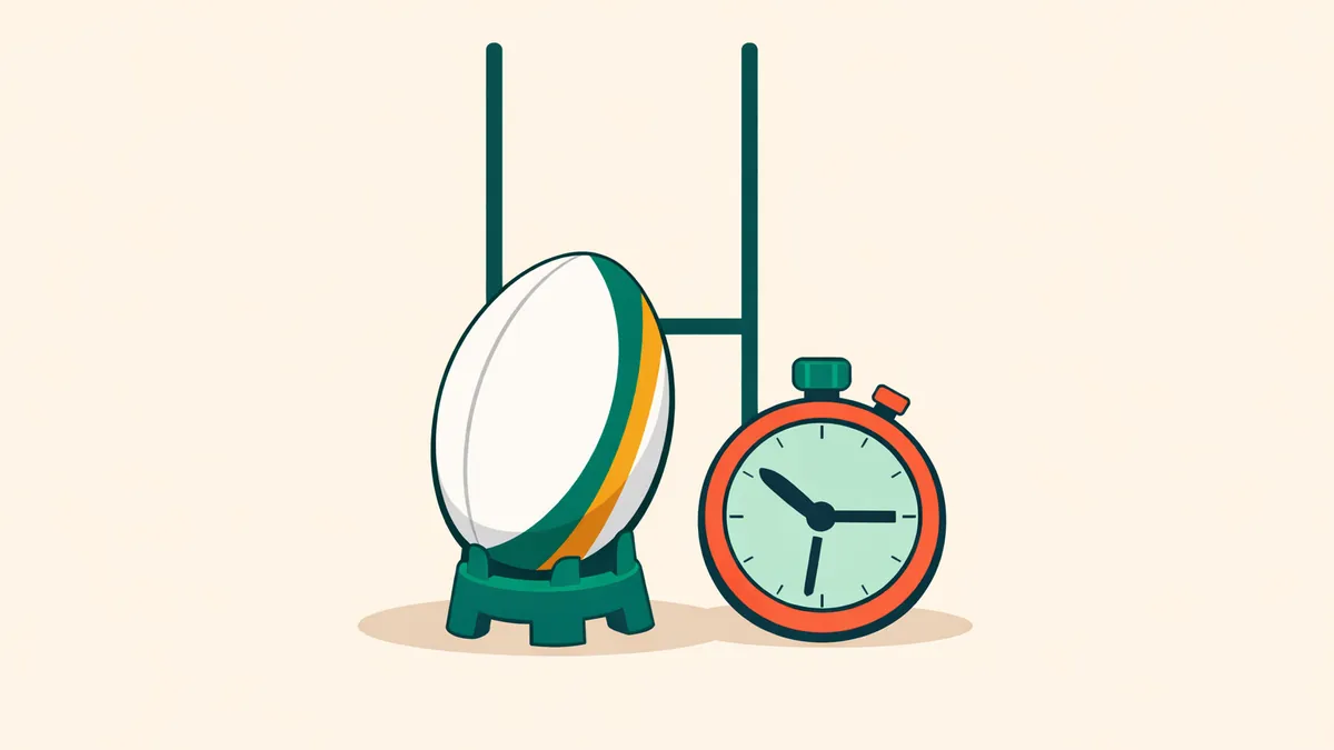 Rugby league ball on a kicking tee before the goal posts, with a stopwatch for golden point, illustrating NRL betting