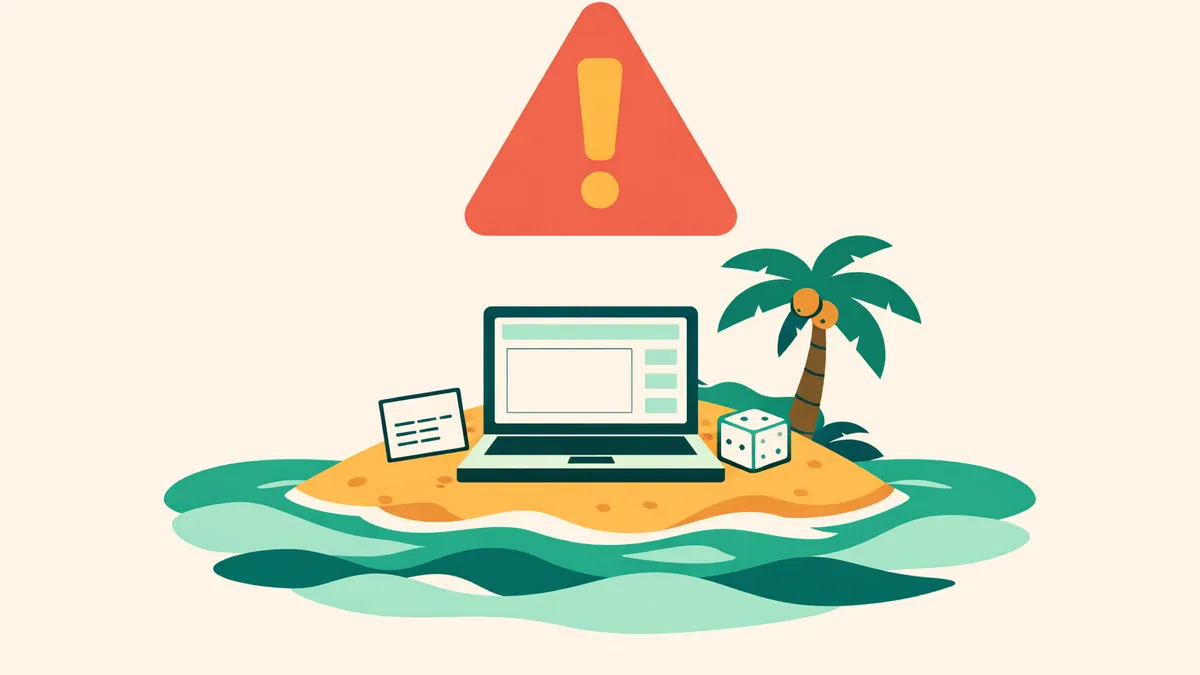Laptop on a tiny island far out at sea under a warning sign, illustrating the risks of offshore betting sites