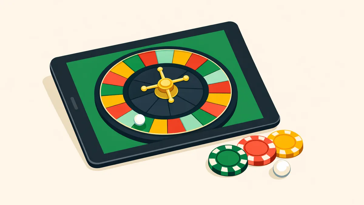 Tablet showing a roulette wheel from above with chips and a ball beside it, illustrating our online roulette guide