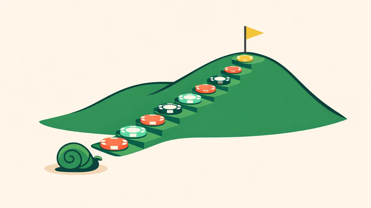 Chips marking small steps up a hill path to a flag with a snail at the start, explaining Oscar's Grind