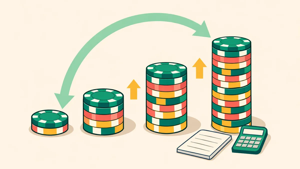 Three chip stacks growing after wins with an arrow looping back to the start, explaining the Paroli system