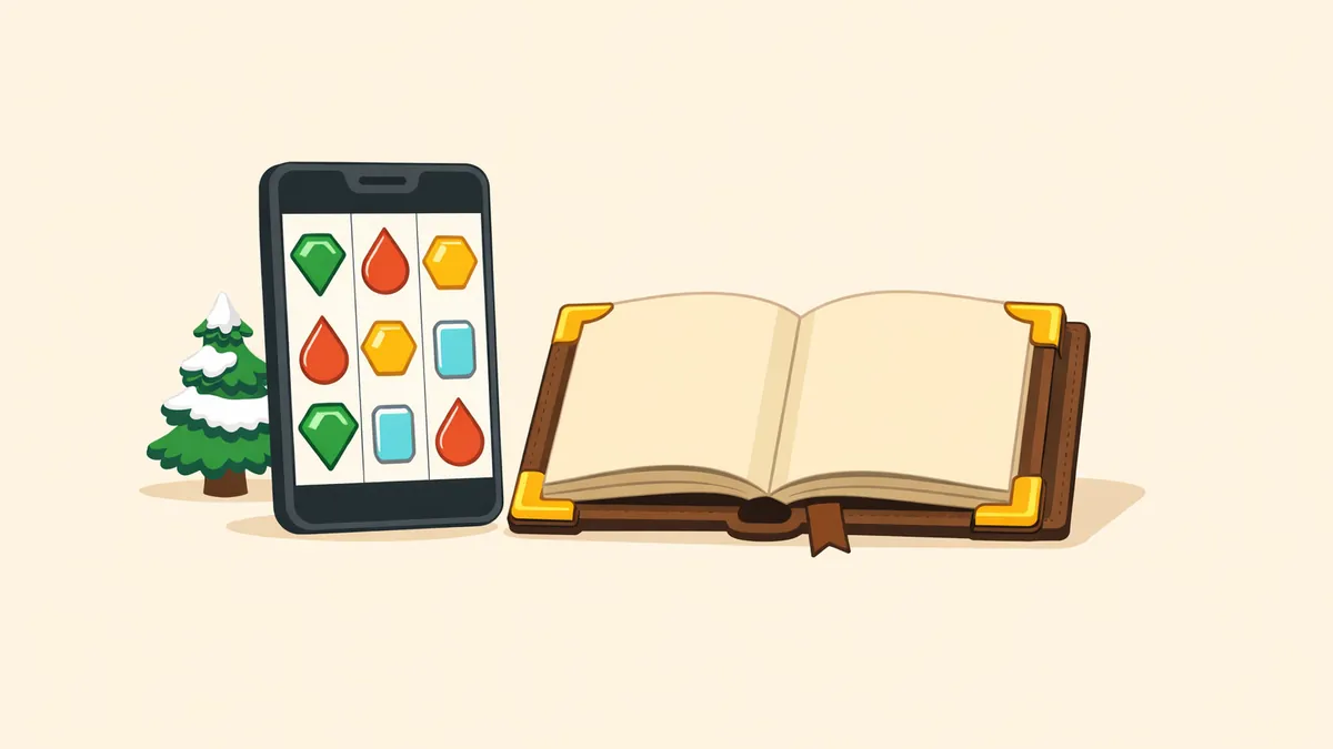 Phone with gem pokie reels beside an old adventure book and a snowy pine, illustrating our Play'n GO pokies guide