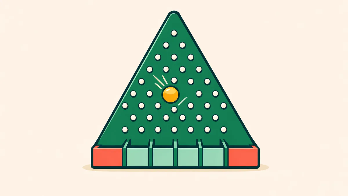 Triangular plinko board of pegs with a gold ball dropping toward coloured slots, illustrating the plinko game