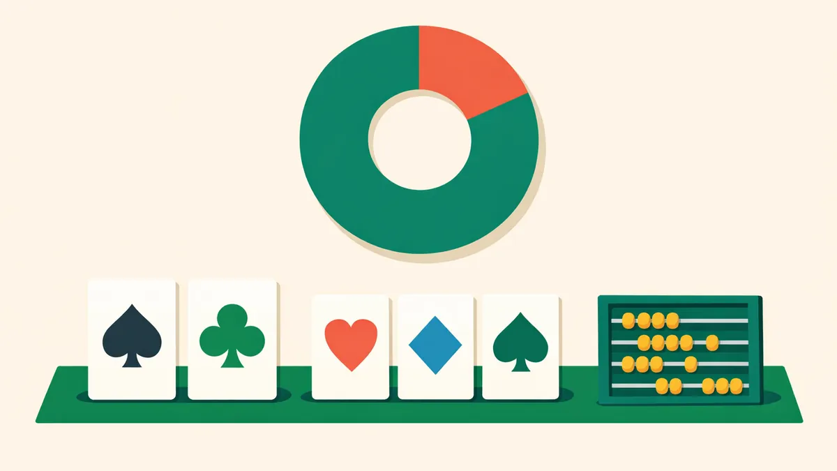 Hole cards and community cards below a donut chart and an abacus, explaining poker odds and outs