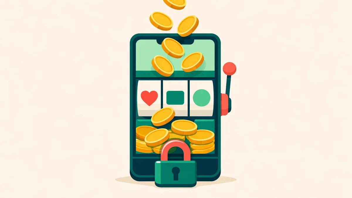 Coins dropping into a phone with pokie reels and a padlock at the bottom: coins in a social pokies app never cash out