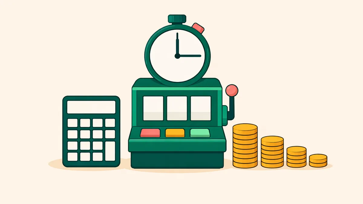 Pokie machine with a stopwatch, a calculator and shrinking coin stacks: the hourly cost a pokies calculator shows