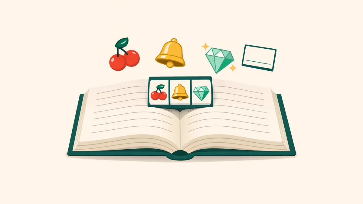 Open dictionary with a pokie reel bookmark and symbols floating up, illustrating our pokies glossary