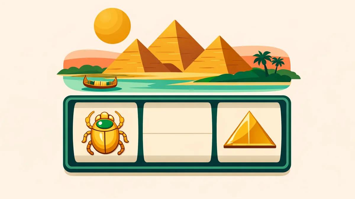 Pyramids by the Nile above pokie reels with a gold scarab, illustrating our Queen of the Nile pokie guide