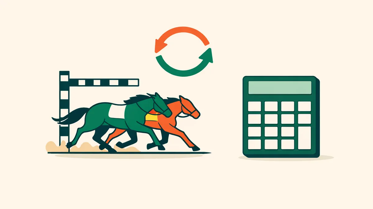 Two racehorses neck and neck at the finish under a swap arrow beside a calculator, illustrating a quinella calculator