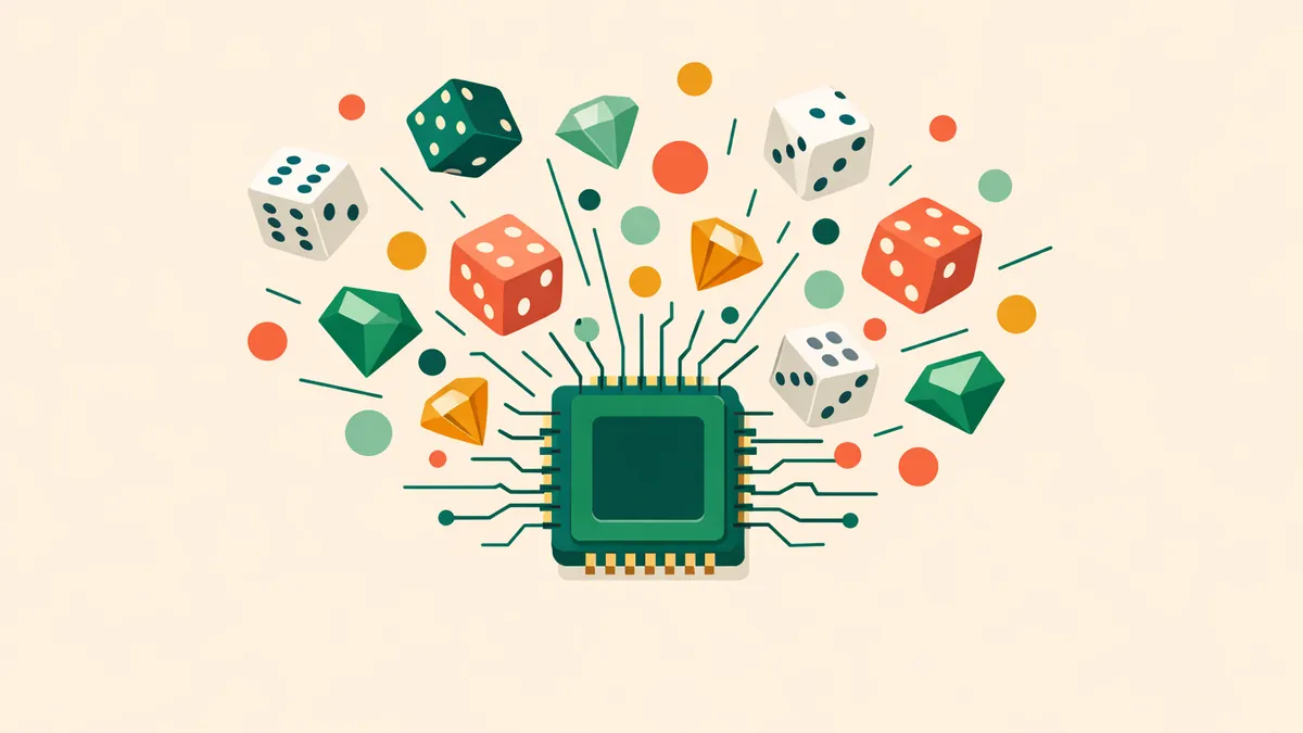 Microchip bursting with dice, gems and dots in random directions, explaining random number generators