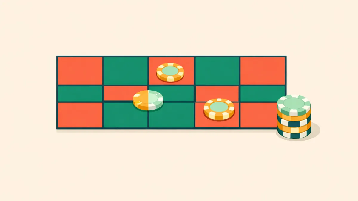 Roulette betting grid with chips on a box, a line, a corner and a column, showing the main roulette bet types