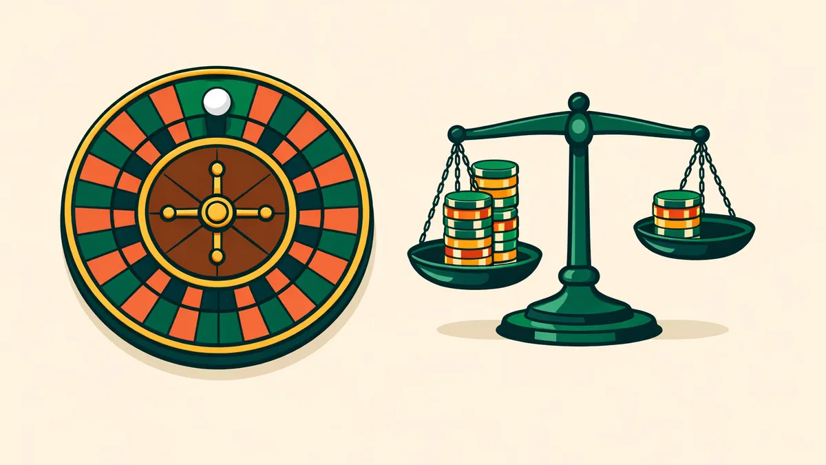 Roulette wheel with the ball in the green zero beside a tipped balance of chips, showing how roulette odds favour the house