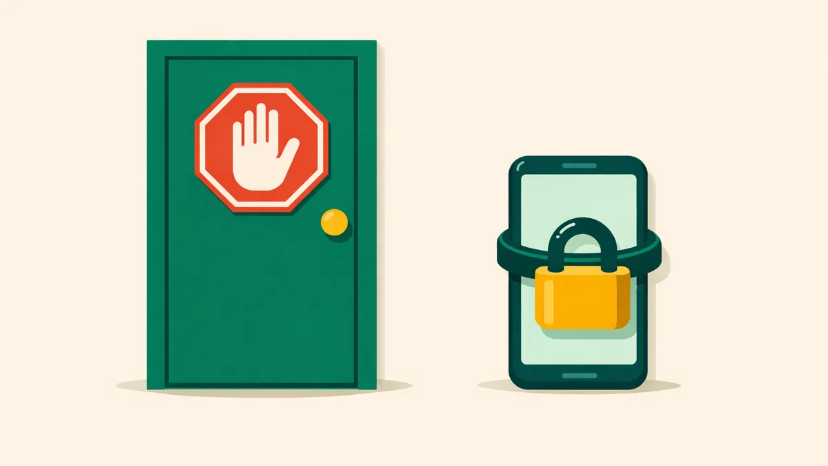 Closed door with a raised stop hand and a locked phone, illustrating self exclusion from gambling