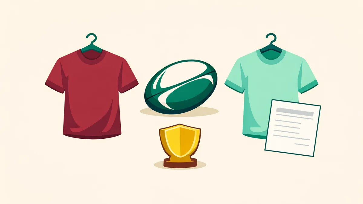 Rugby league ball between a maroon jersey and a light jersey with a trophy, illustrating State of Origin betting