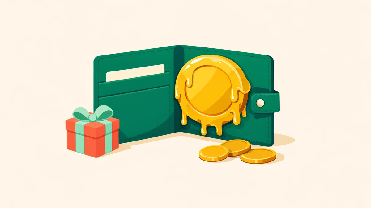 Gold bonus coin stuck inside a wallet with honey beside a gift box, explaining how sticky bonuses work