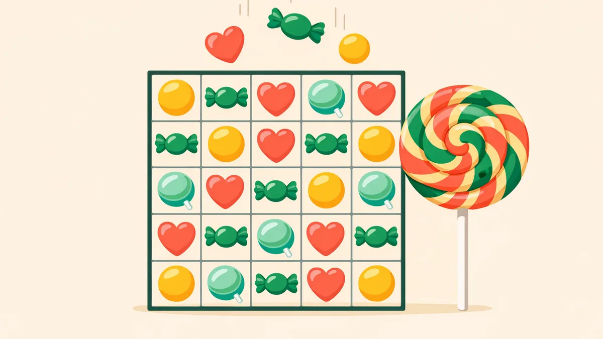 Pokie grid of lollipops and lollies with sweets tumbling in, illustrating our Sweet Bonanza pokie guide