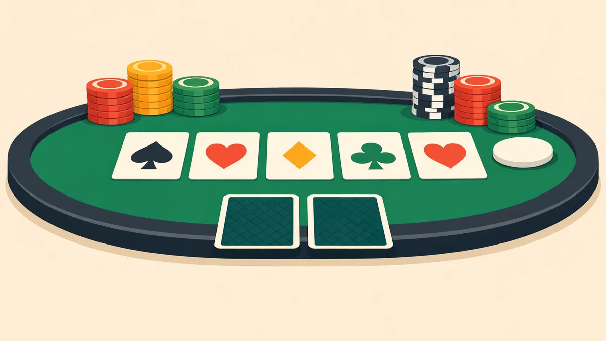 Poker table with five community cards, two hole cards, a dealer button and chips, illustrating Texas hold'em