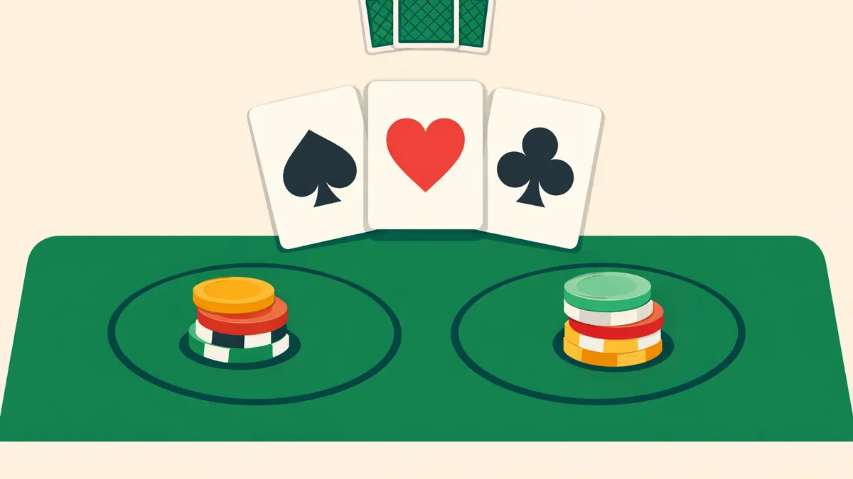 Three fanned cards above ante and play circles with chips, illustrating how to play three card poker