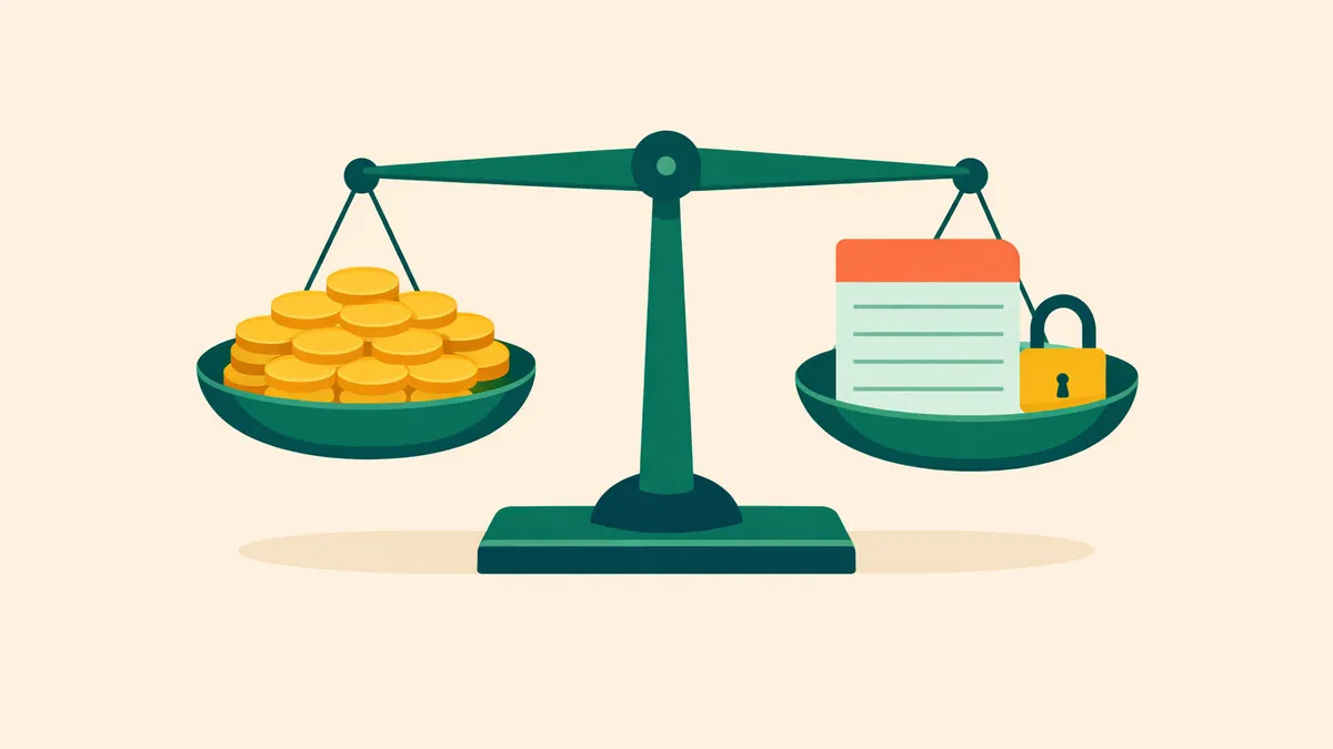 Balance scale weighing a pool of coins against a locked betting ticket, comparing tote vs fixed odds