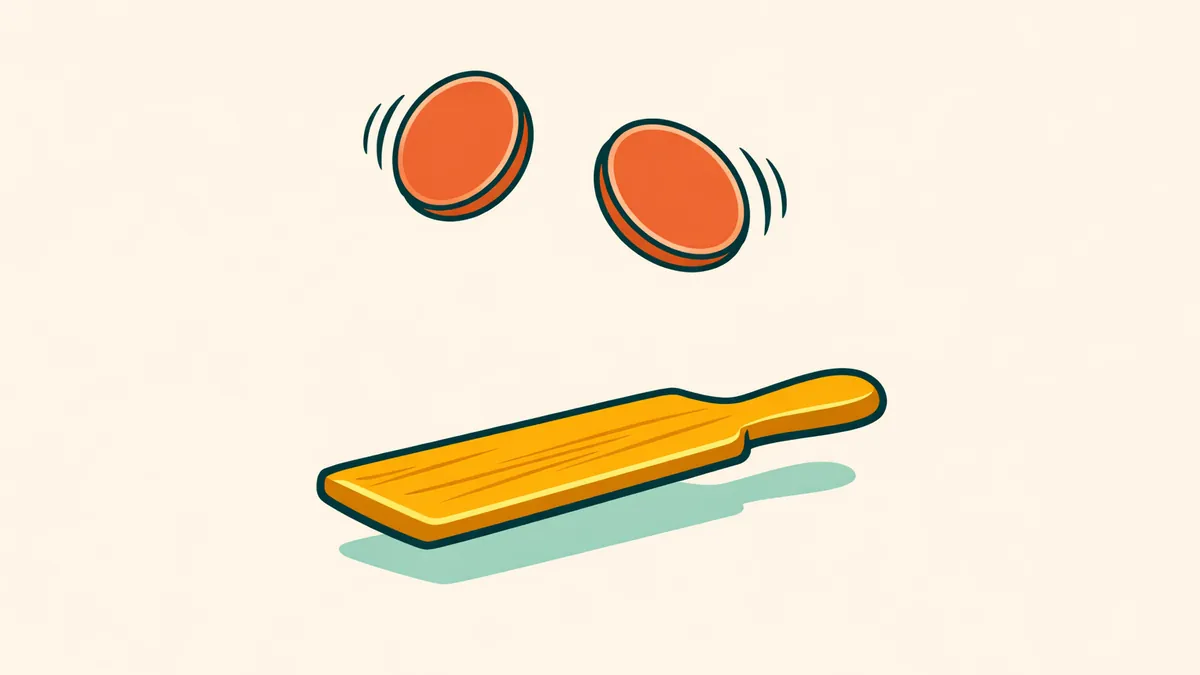 Two copper coins spinning above a wooden kip, the paddle used to toss the coins in two-up