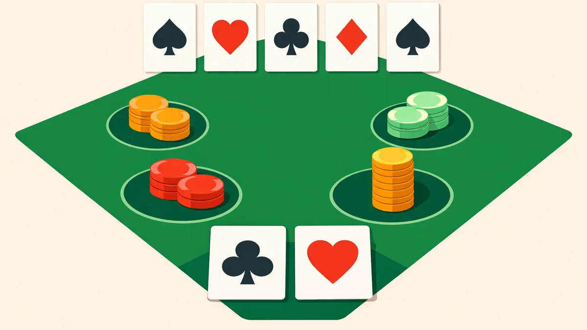 Felt layout with four betting spots, hole cards and community cards, illustrating ultimate Texas hold'em