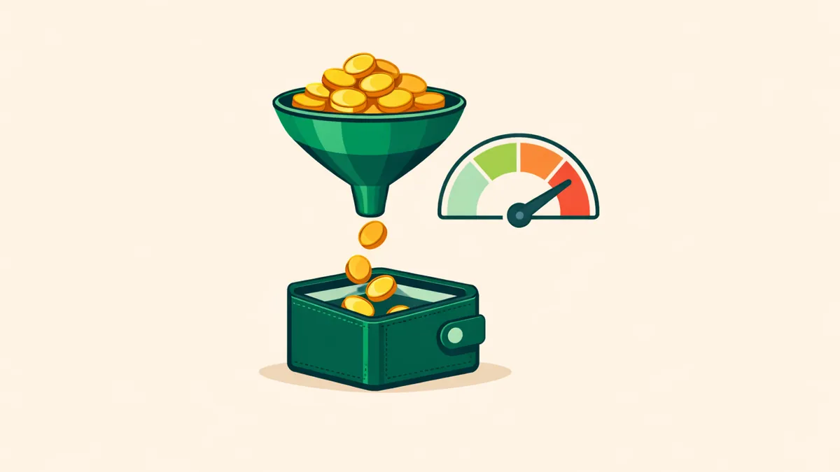 Coins squeezed through a narrow funnel into a wallet beside a capped gauge, explaining casino withdrawal limits